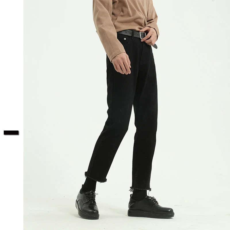 

Men's Korean Style Slim Fit Trouser Leg Mouth Edge Black Jeans 2021 Four Seasons Casual Ankle Length Cotton Pencil Pants Men
