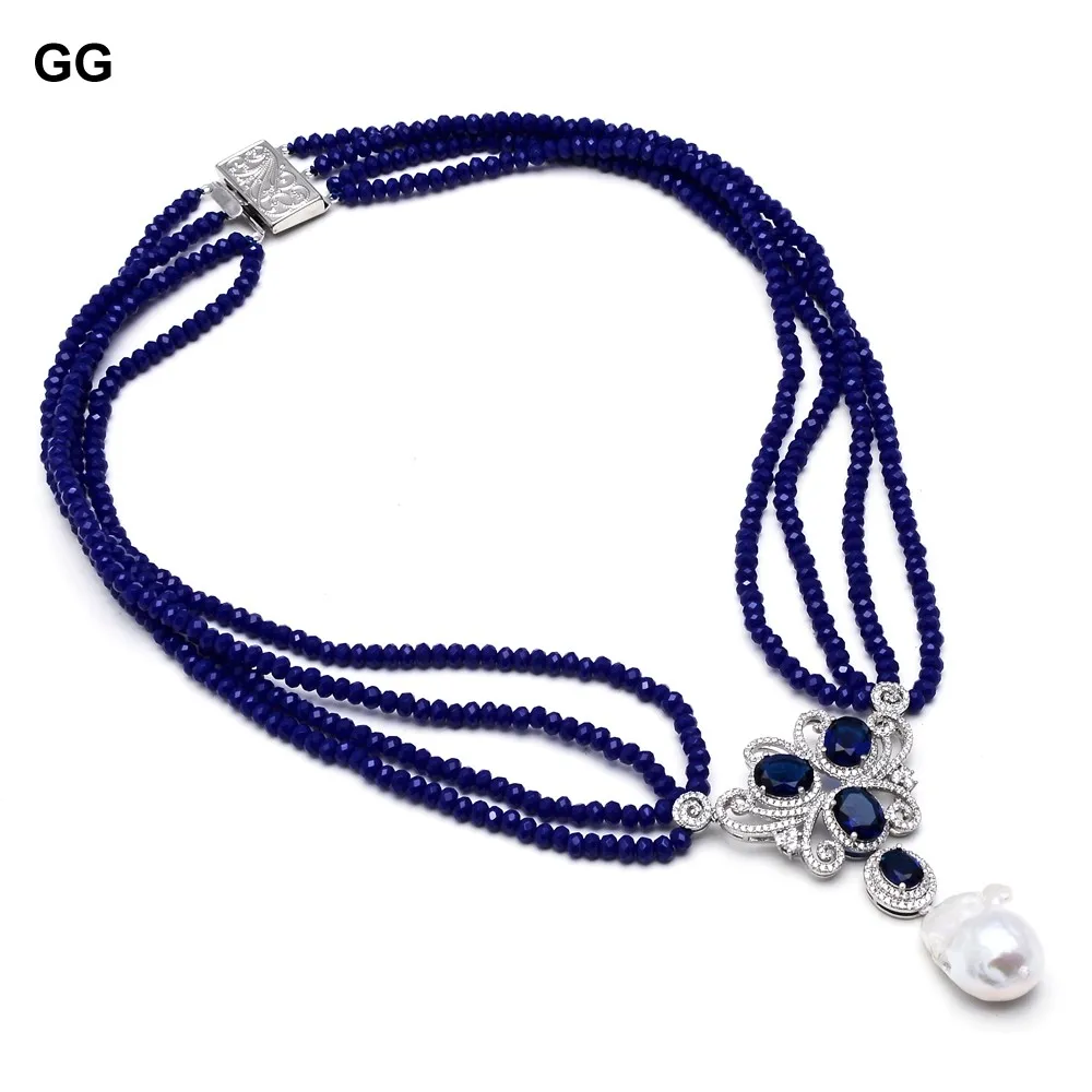

GuaiGuai Jewelry 4 Rows Blue Jades Necklace Cultured White Keshi Pearl CZ Pendant Free shipping Handmade For Women