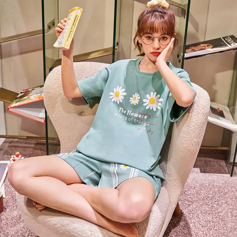 

Size M-3XL Summer Women Pajama Sets 2021 Pajamas Cartoon Short Sleeve T shirt Shorts Sleepwear Cute Cactus Print Female Homewear