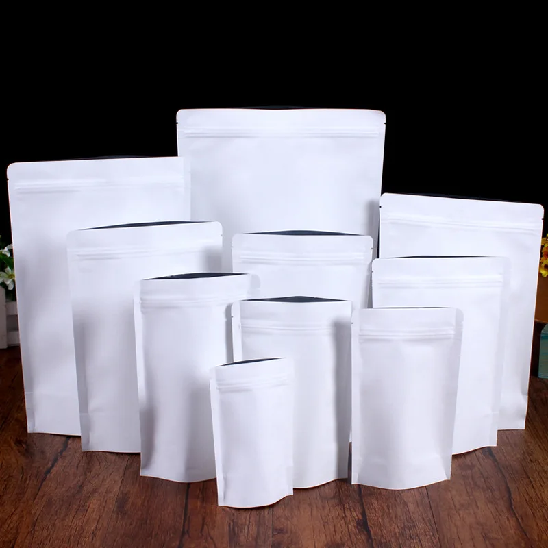 

100pcs Thick Reclosable Stand Up White Kraft Paper Bag Moisture-proof Ziplock Aluminum Foil Kraft Package Bags For Tea Snack