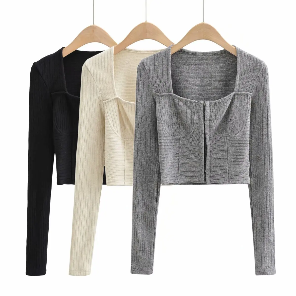

Female Korean Sexy Solid Color Knitwear 2021 Women Vintage Square Collar Sweater Spring Fallnew Slim Long Sleeve Short Sweater
