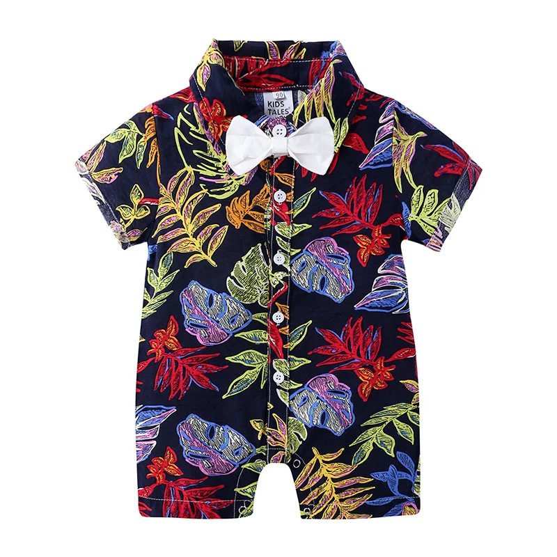 

New 2020 Newborn Baby Boys Summer Rompers Short Sleeve Turn-down Collar Fashion Print Bow Jumpsuit Playsuit Infant Clothing