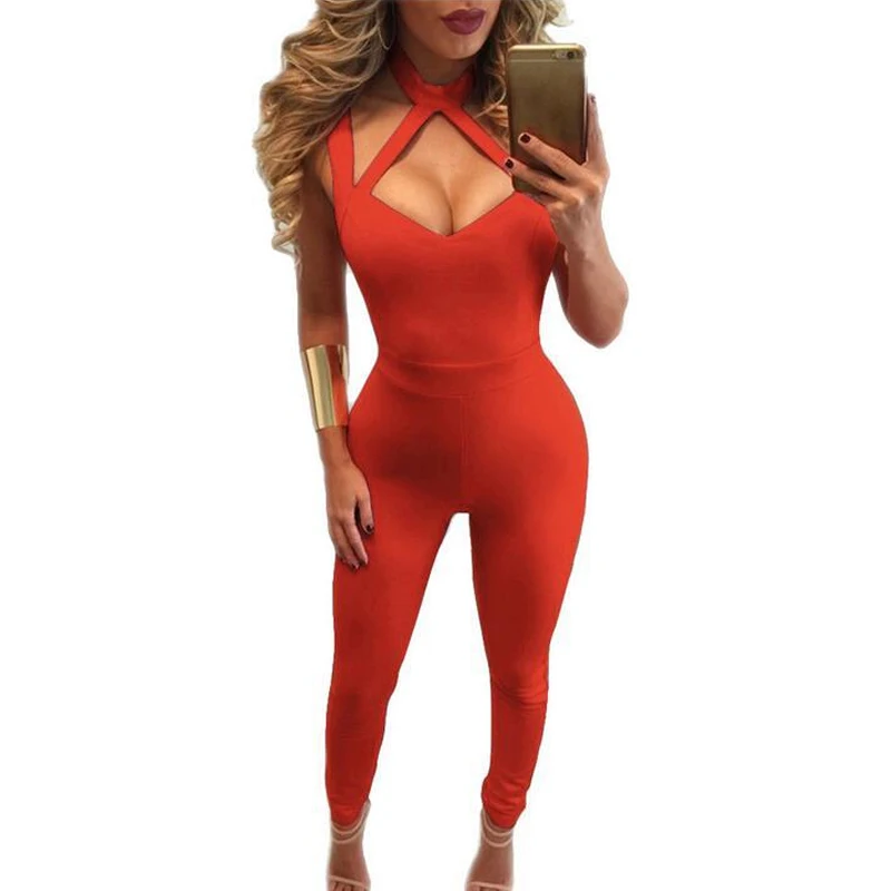 Летние облегающие комбинезоны с треугольным вырезом без рукавов на шее для