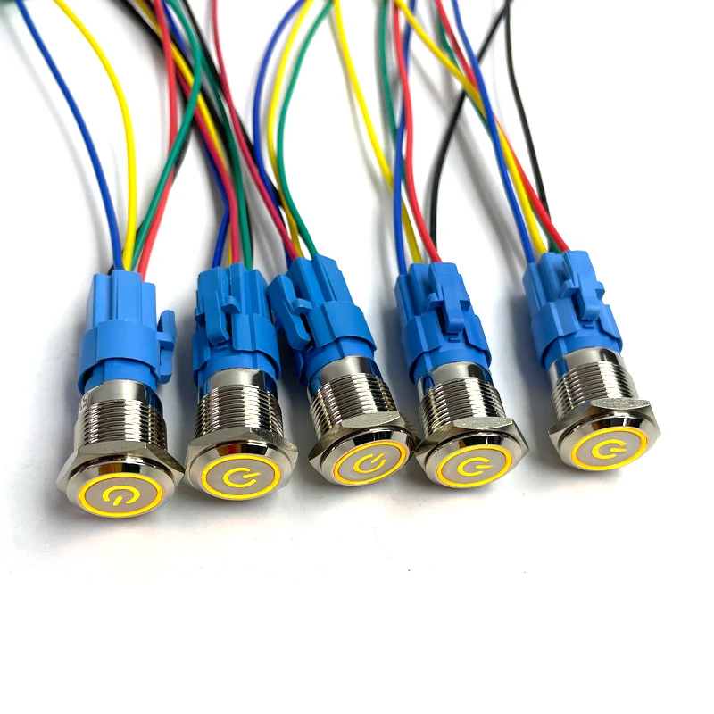 

16 мм металлический кнопочный переключатель, кольцо, лампа, символ питания, кнопки, водонепроницаемый светодиодный светильник, самоблокирующийся, самосброс, 5 шт., с разъемом 12 В