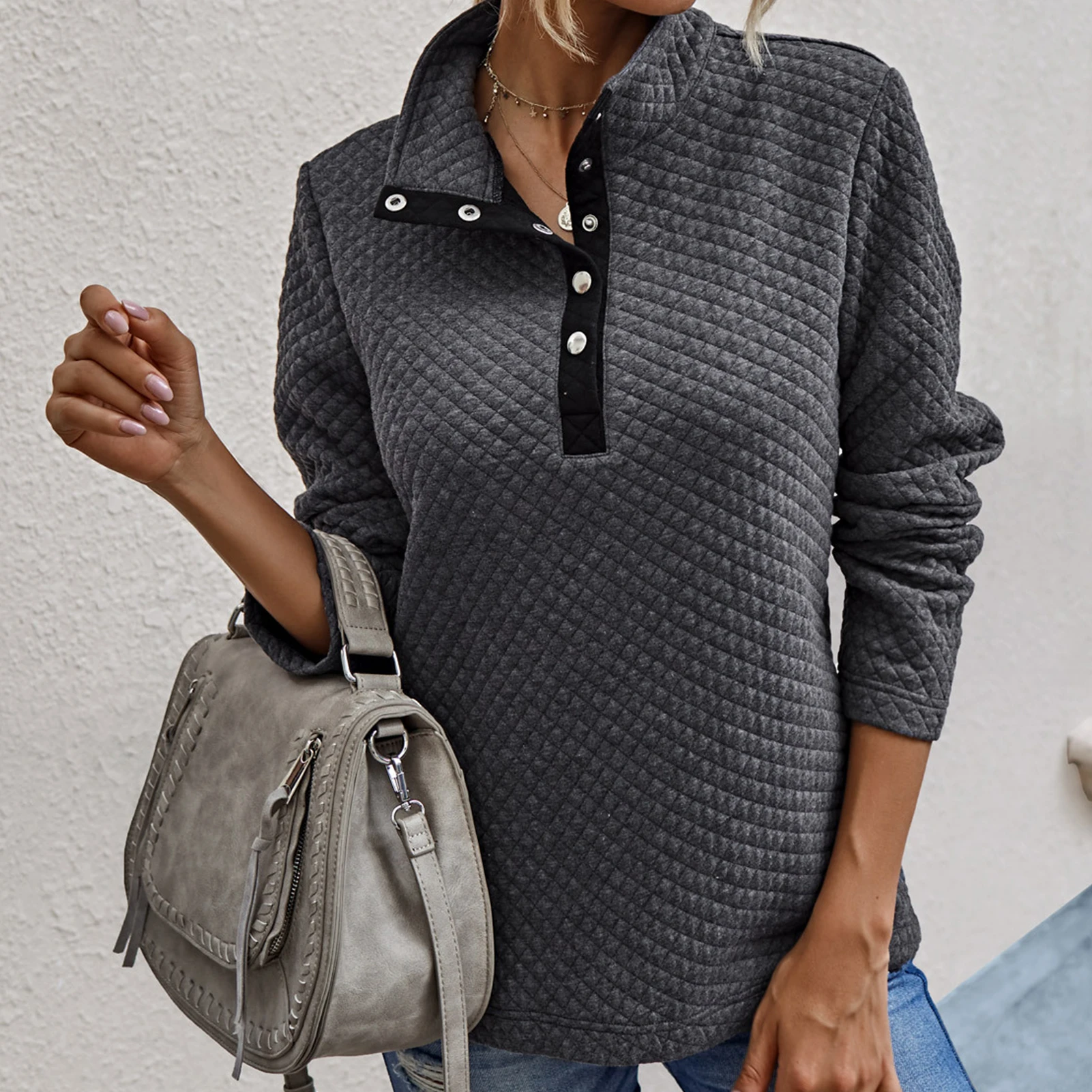 

2020 Khaki Grey Autumn Women Sweatshirt Buttons Pullover Long Sleeve Turn Down Collar Waffle Blouse All Match Female outwear new