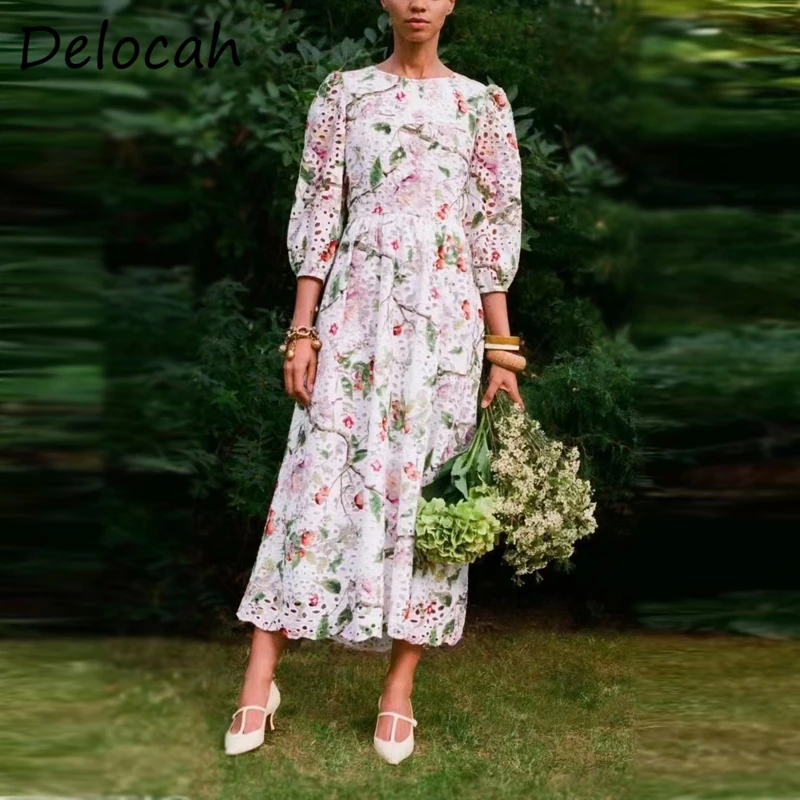 

Delocah 2021 New Women Fashion Spring Runway Party A-Line Dress Lantern Sleeve High Waist Printed Ladies Slim Fit Midi Dresses