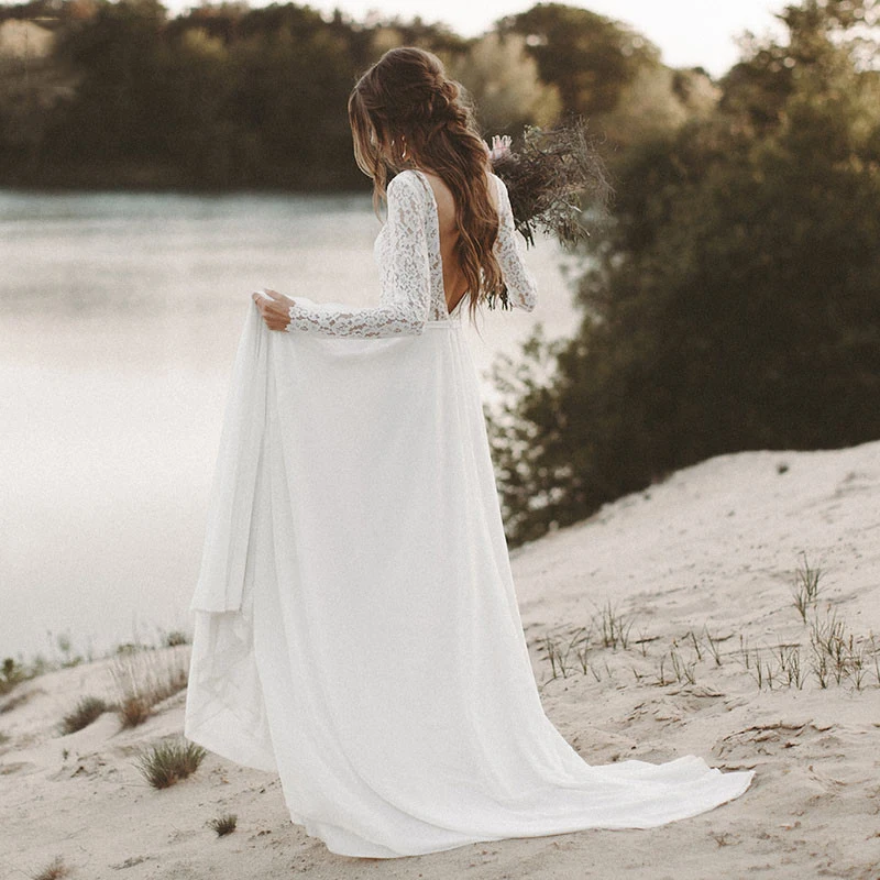 Alagirls пляжное свадебное платье с длинным рукавом Boho v образный вырез открытая