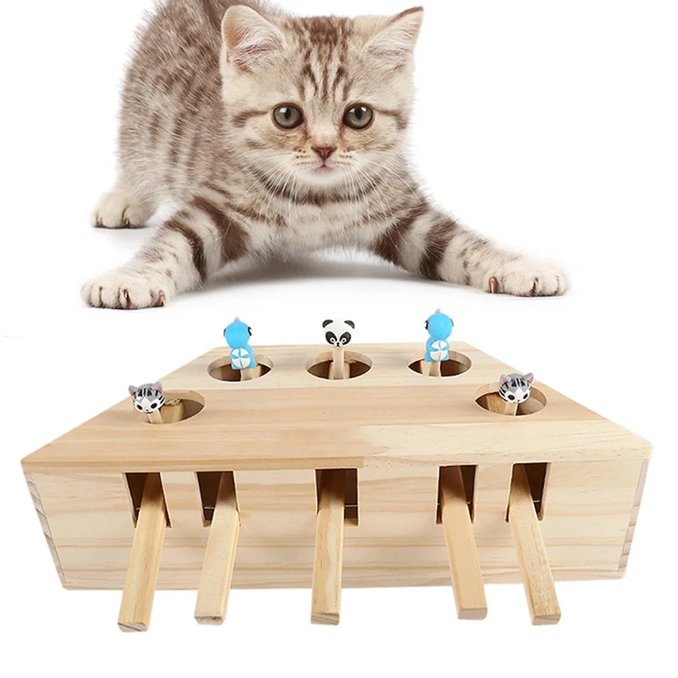 

Interactive Cat Toy Natural Wood 5 Hole Intelligent Play Toy For Kitten Cat Mouse Teaser Game Scratcher Puzzle Toy Pet Cat