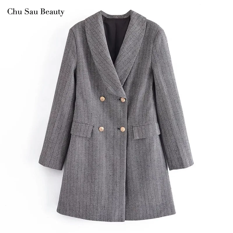 

Chu Sau Beauty Ladies Autumn/Winter Striped Woolen Coats Fashionable V-Neck Double-Breasted Pockets Decorative Thick Warm Jacket