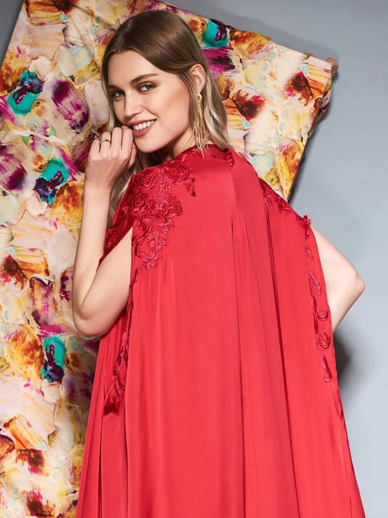 

Women's Appliques Satin Formal Evening Dresses Long Floor Length Sleeveless Prom Gowns Split With Chiffon Cape robe de soiree