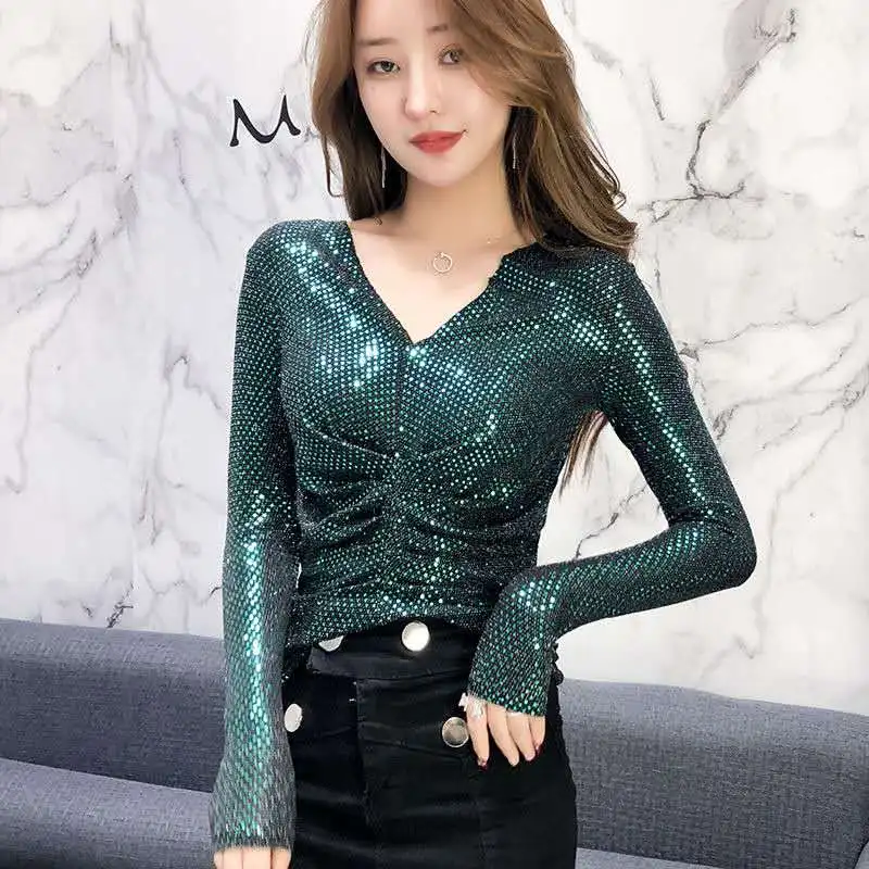 Корейская Осенняя Блестящая футболка с V-образным вырезом и бусинами женская