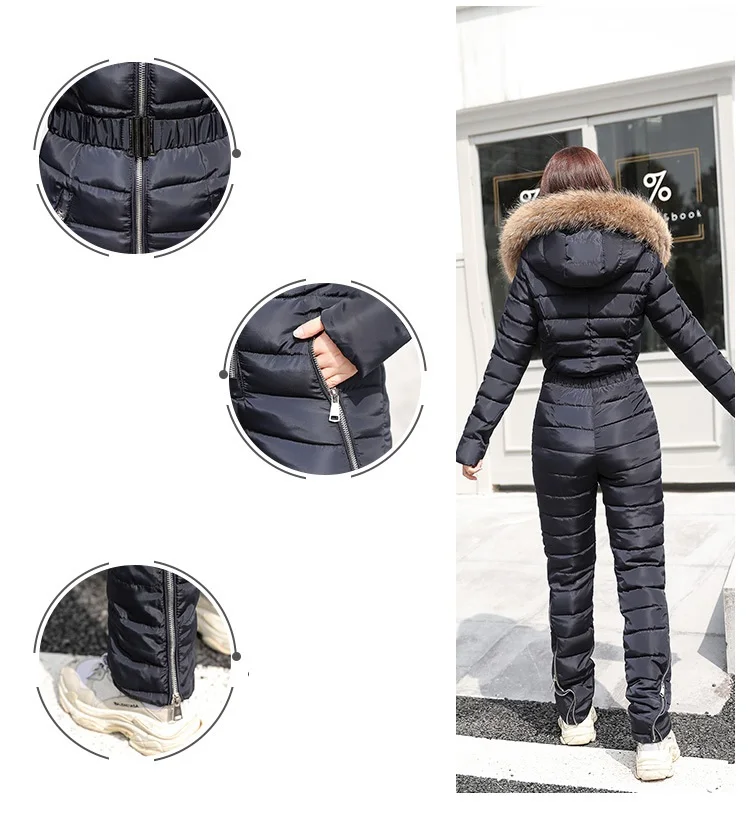 Winter new down cotton pad women fashion women two-piece cotton Raccoon Fur collar hooded thick warm jumpsuit women G1156