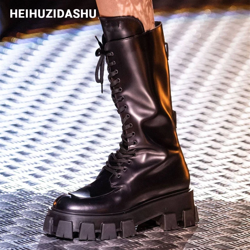 Сапоги до колена из лакированной кожи Женские высокие сапоги на толстой