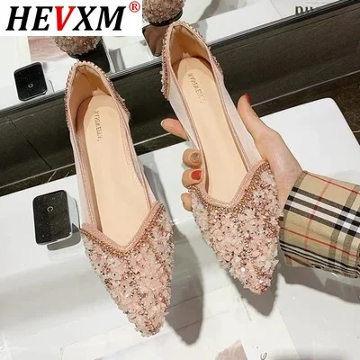 

2021 Fall New Rhinestone Sequins Soft Sole Comfortable Shallow Pointed Toe Lace Large Size Flat Shoes