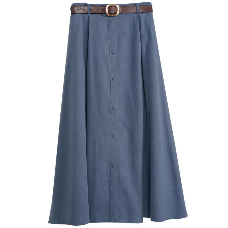

2021 A-Line Single-Breasted Belt Cotton Umbrella Skirt Solid Color Literature And Art Skirt Skirt Summer Elegant Korean Version