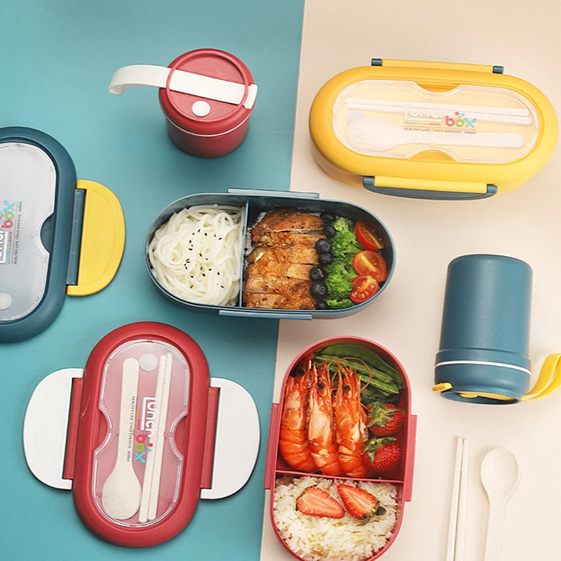 

Portable Insulated Lunch Box With Soup Cup Round Wheat Bento Box With Spoon Compartment Sealed Lunch Boxes Set For Office Worker