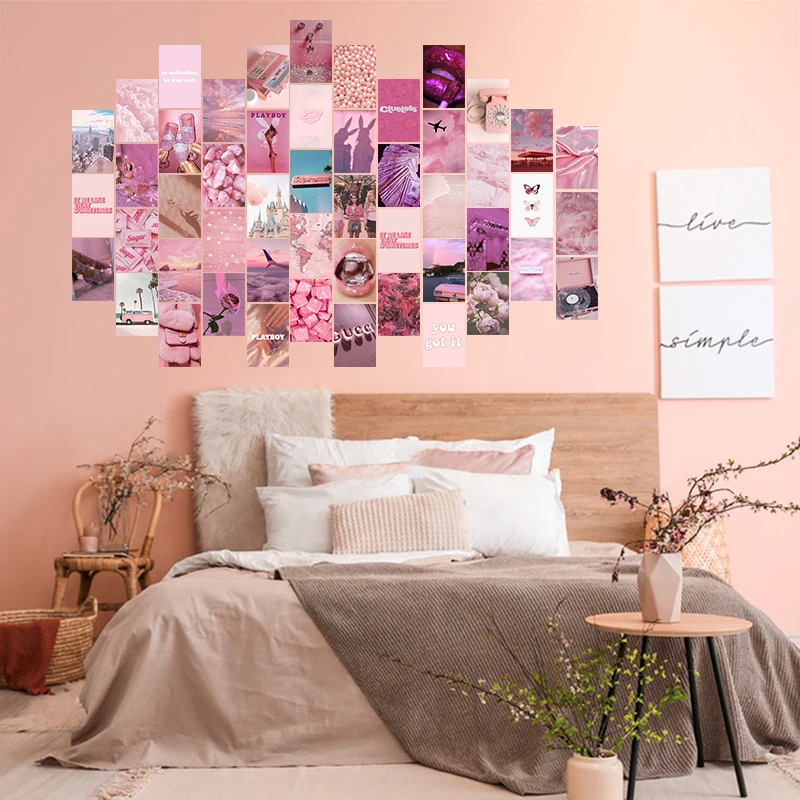 50 adet pembe estetik Poster duvar kolaj baskı kitleri sıcak renk dekor tarzı resim odası yatak odası yurt doğum günü hediyesi kızlar için