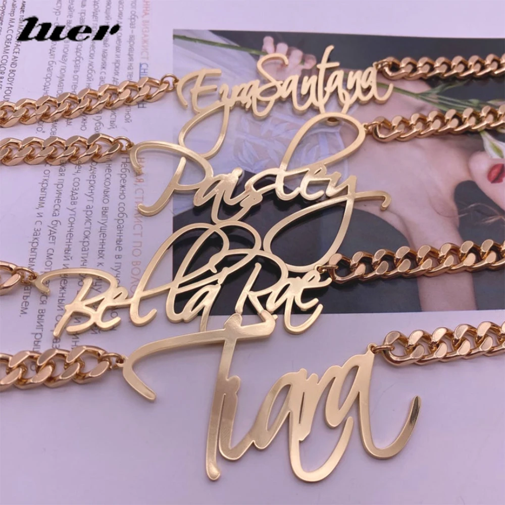 

LUER 8mm Thick Cuban Chain Necklace/Zircon Necklace Personalized Custom Name Necklaces/Stainless Steel Letter Pendant Women Gift