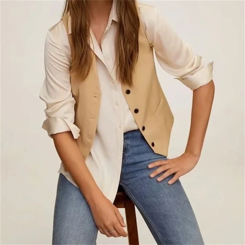 

TRAF Women 2021 Fashion Silky Satin Irregular Side Split Loose Blouses Vintage Lapel Long Sleeves Female Shirts Streetwear