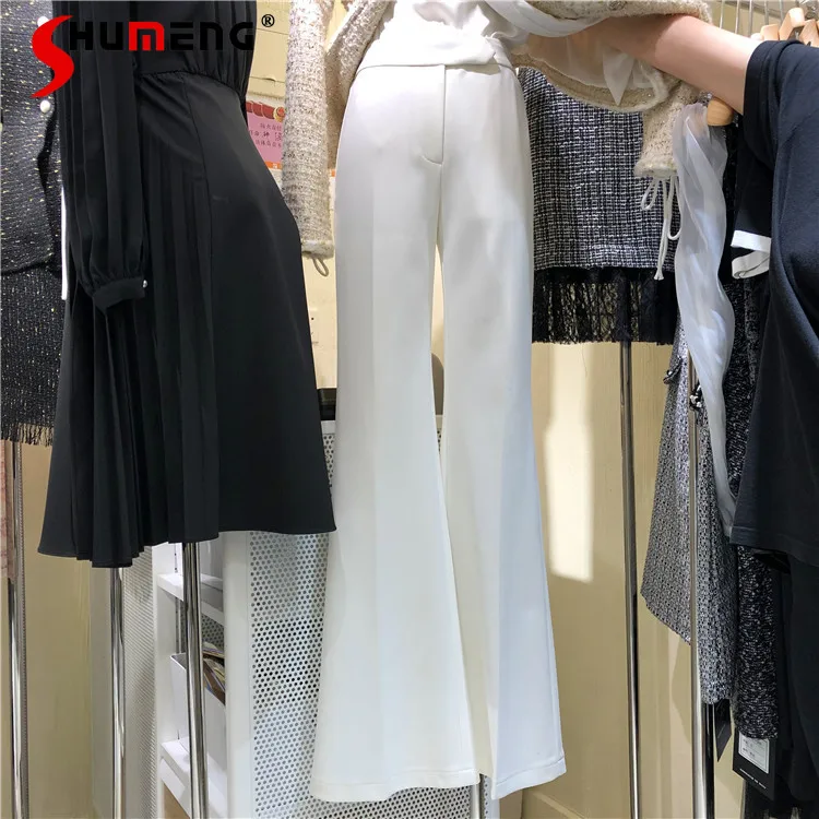 

2021 Spring Autumn White Ladies Casual Suit Pants Extended Korean New High Waist Women Long Pants Slimming Drape Flared Trousers