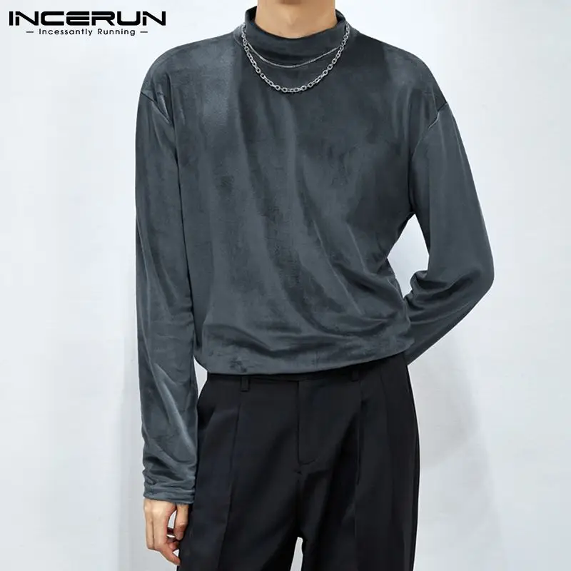 

Fashion Men T Shirt Turtleneck Long Sleeve Autumn Velour Solid Color Casual Undershirt 2021 Leisure Men Clothing S-5XL INCERUN