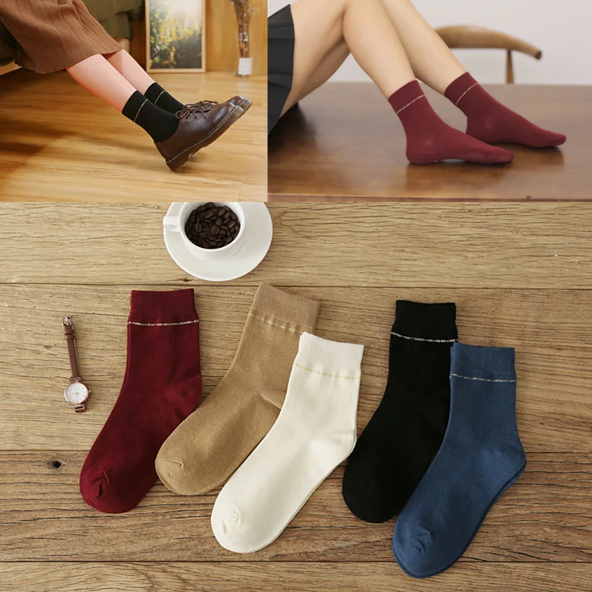 

Gold Silk Striped Tube Socks Ladies Casual Cotton Socks Pure Color 2020 New Wholesale Comfortable and Good-looking Women Socks
