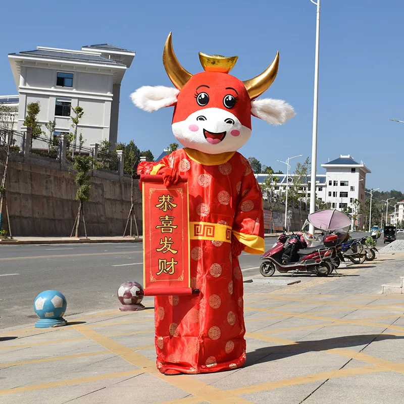 

Red Bull Mascot Animal Cosplay Costume Adults and Children Wear Walking Clothes Chinese Ox Year Performance Props Unisex Costume