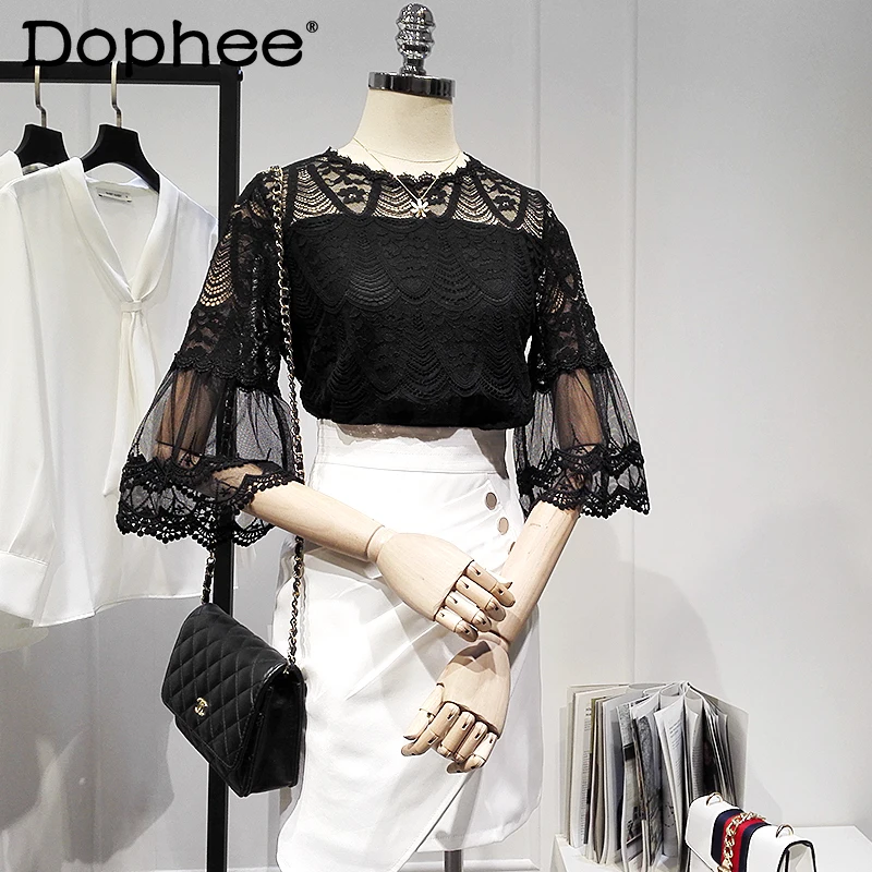 

Elegant Crocheted Hollow Lace Shirt T-shirt Women's 2021 Summer New Korean Style Sweet Versatile Fashion Pullover Tops Kawaii