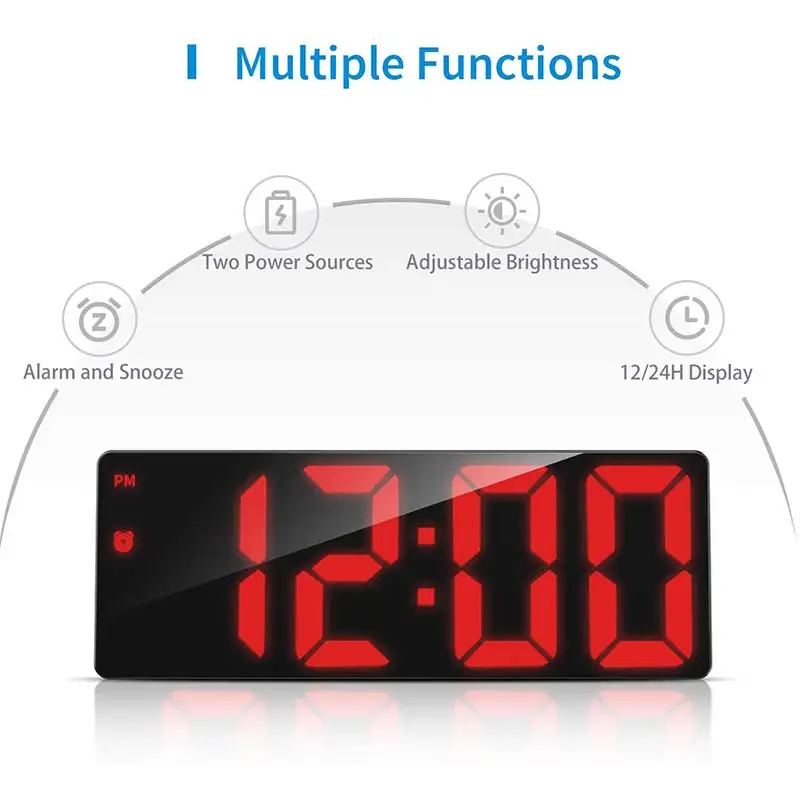 Large Digital Desk Clock LED Mirror Screen Alarm Voice Control Snooze Electronic Watch Table Decor | Дом и сад