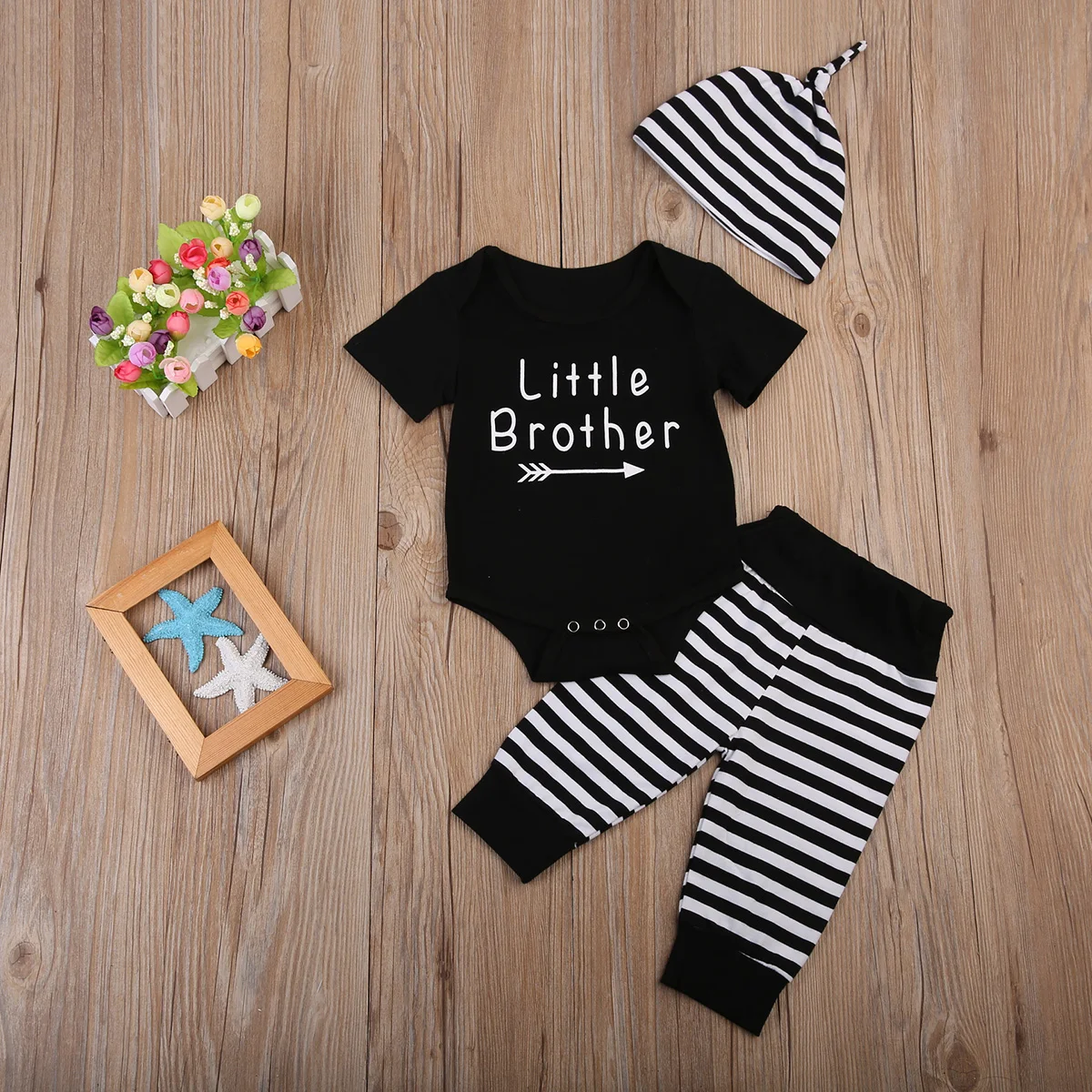 Brand New Little Brother Newborn Toddler Baby Boy Black Stripe Short Sleeve Romper+Long Leggings Hat Outfits Set |