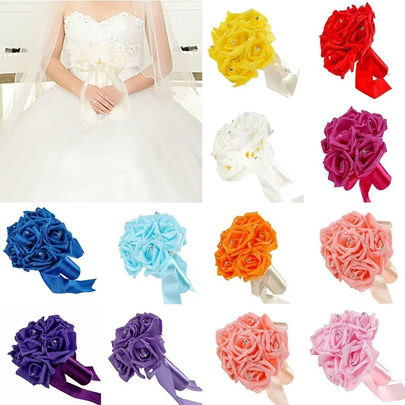 

Six Heads Foam Roses Silk Ribbon Bouquet Handmade Rhinestone Diamante Bridal Bridesmaid Brooch Wedding Decor LXH
