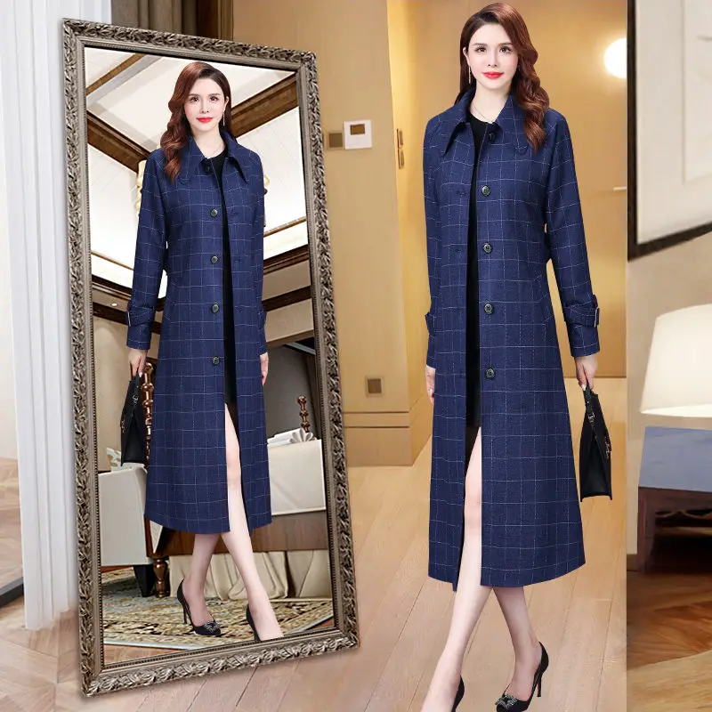 

Blue Plaid Windbreaker Jackets Womens 2021 Autumn New British Style Temperament High-end Long Oover Knee Overcoats 4XL e287