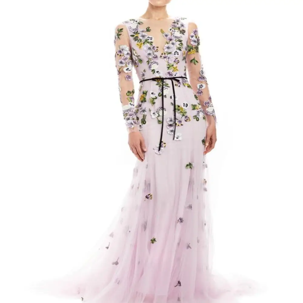 

Light Purple Evening Gowns 2020 V Neck Lace 3D Floral Appliqued Prom Dress Long Sleeve Custom Made Robe De Soire