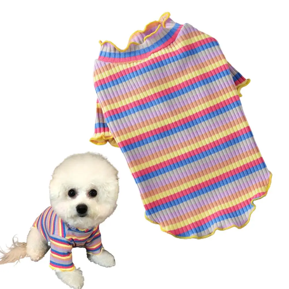 

Dog Clothes Striped Rainbow Cotton T-shirts For Small Medium Dogs Autumn Winter Indoor Comfort Pet Coat Ruffle Sleeve Pajamas