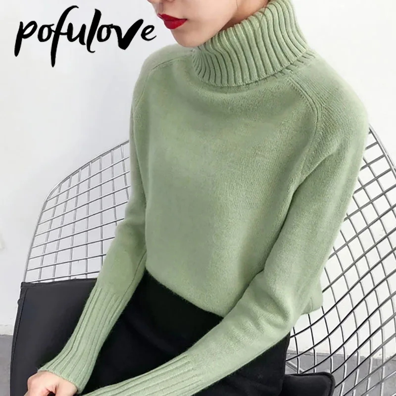 Свитер женский с воротником-хомутом однотонный Свободный вязаный пуловер модный