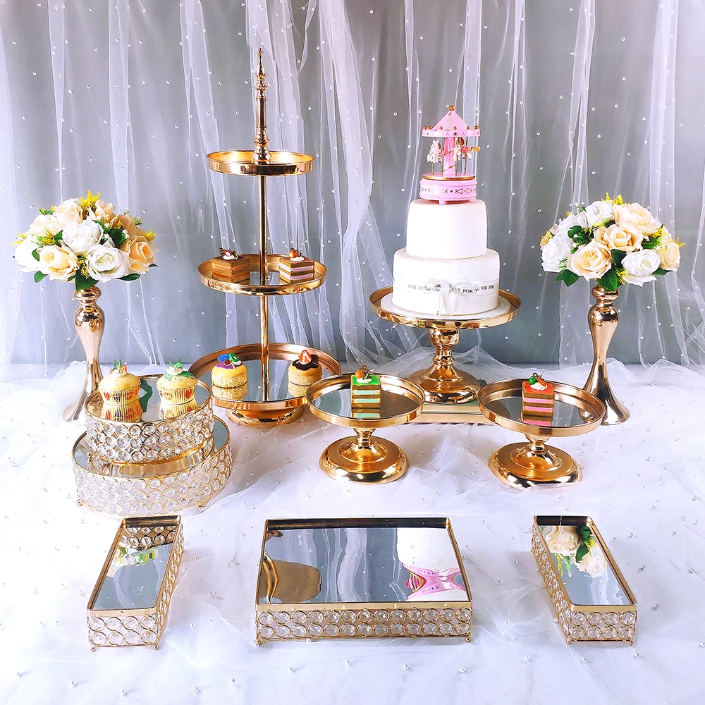 Espejo de decoraci&oacute;n de boda, soporte de pastel de Metal dorado, expositor de magdalenas de 3 niveles, 8-13 piezas-0