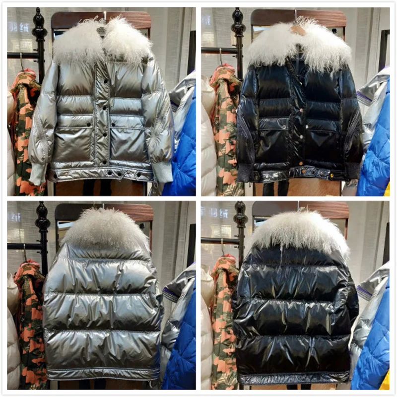 Женская куртка на белом утином пуху черная блестящая теплая парка с воротником