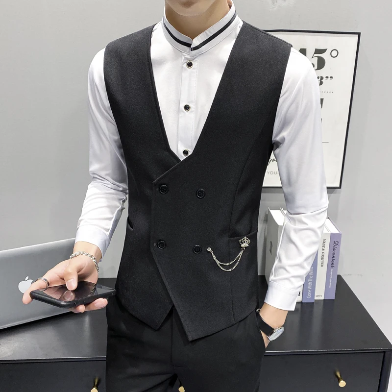 

Men's Vest 2021 New Slim Fashion Business Casual Double-breasted V-neck Men's Suit Vest Nightclub Bar KTV Staff Work Clothes