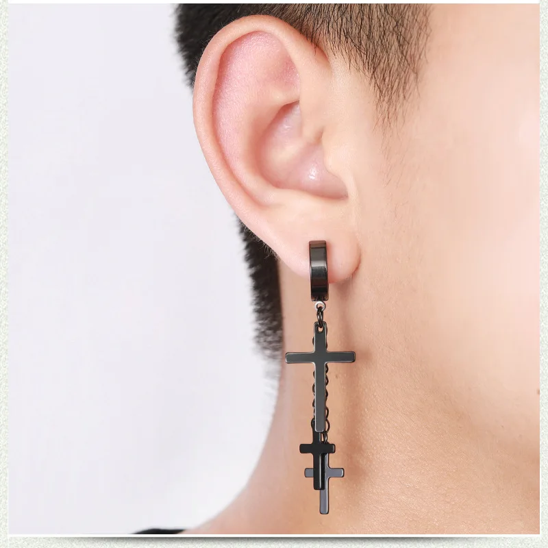 

Hip Hop/Punk Titanium Steel Non-allergenic 3 Crosses Dangle Earrings Men's Ear Clips Gothic Fashion Street Single Jewelry Gifts