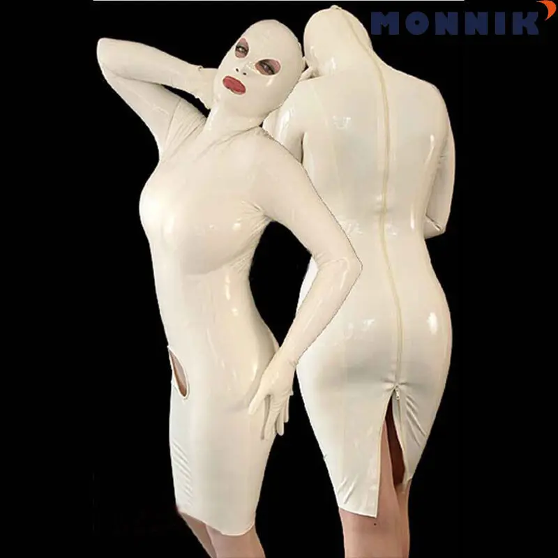 

MONNIK latexSexy White Latex Rubber Women Dress With Hood Mask Gummi 0.4mm Unique Party Wear