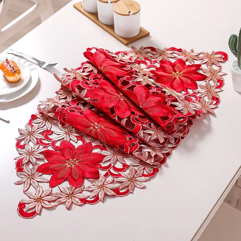 

Christmas Embroidered Table Runner,Hollow-Out Tea Tablecloth,for Restaurant Dinning Xams Party Banquet Events,15X70 Inch