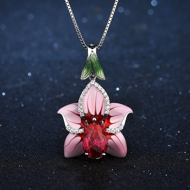 Luxurious Pink Blooming Lily Flowers Enamel Jewelry Sets For Women Elegant Red Crystal CZ 925 Sterling Silver Earrings Necklace | Украшения