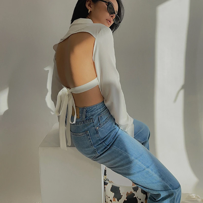 

Sexy Vintage Halter Hollow Tie Elegant Long Sleeve Shirt ButtonTemperament White Shirt Female Supermodel Female Casual Blouse