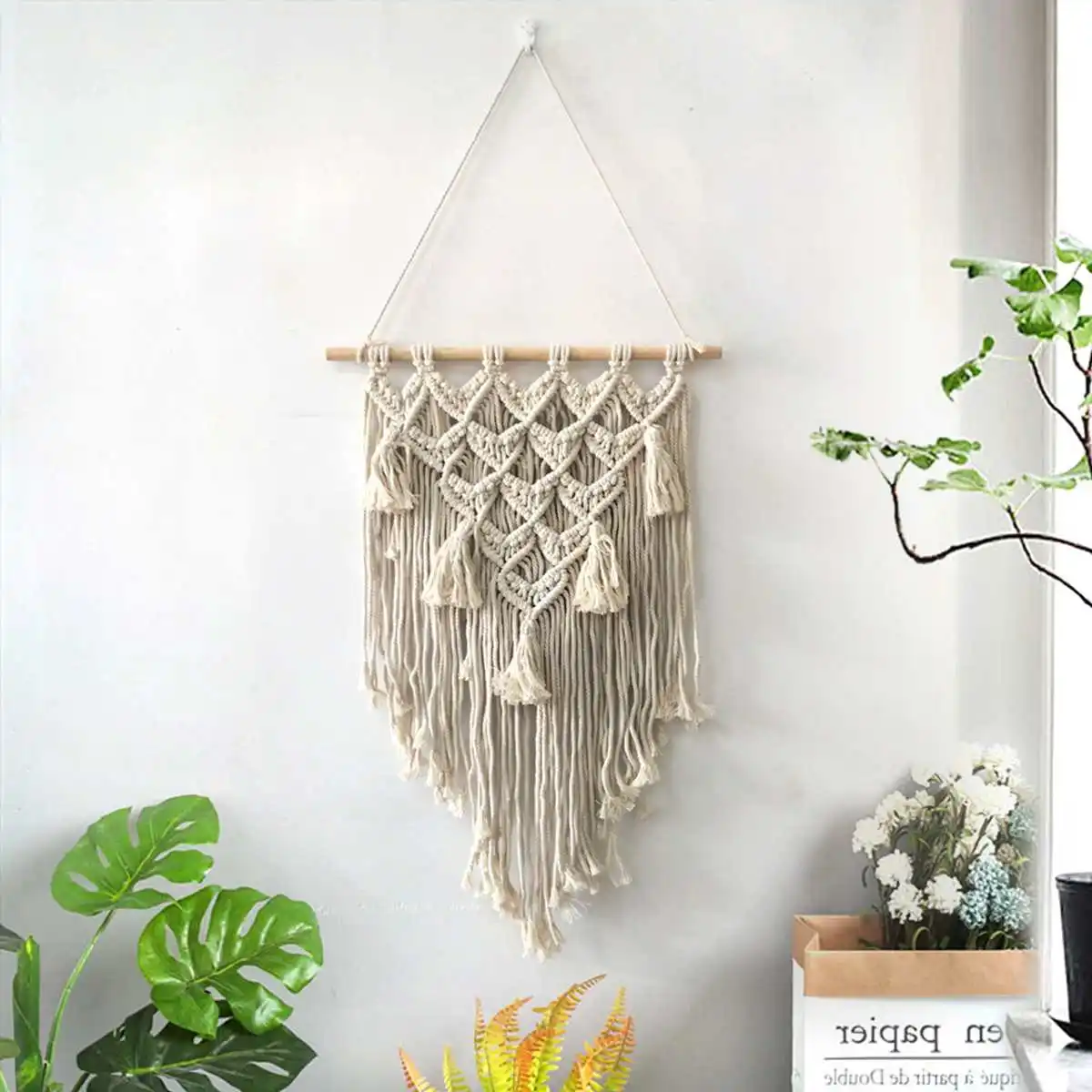 

Large Macrame Wall Hanging Tapestry Handwoven Bohemia Tassel Curtain Wooden Stick Nordic Art Wall Room Background Decoration