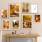 Осенний Лес, дерево, каюта, тыква, кленовый лист, настенная живопись, холст, скандинавские постеры и принты, настенные картинки для декора гостиной