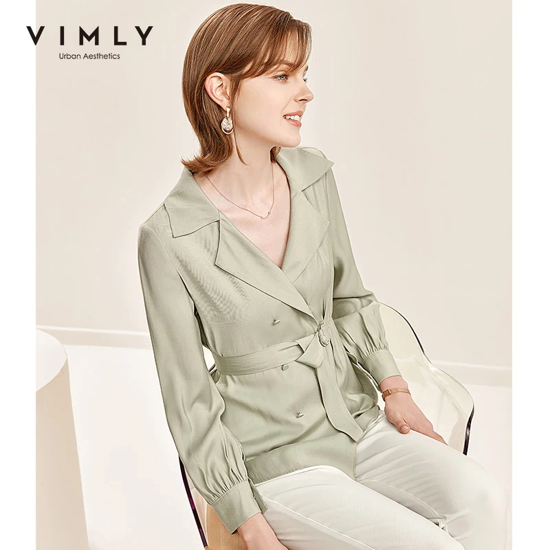 Рубашка Vimly Женская однотонная с отложным воротником на пуговицах поясом длинным