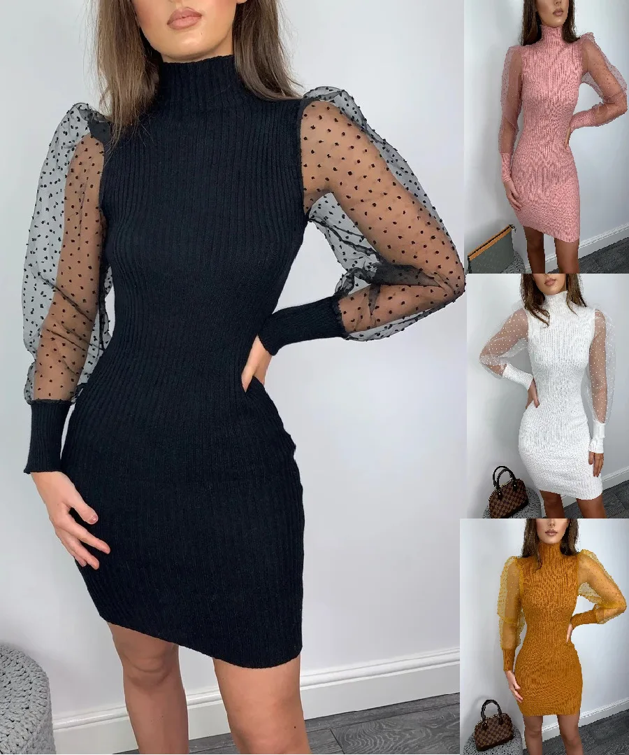 Женское платье в стиле пэчворк из тюля с длинным рукавом прозрачная эластичная