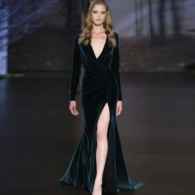 

Green Velvet Deep V Neck Evening prom gown Open Back Sexy Runway Party 2018 High Side Split Mermaid mother of the bride dresses