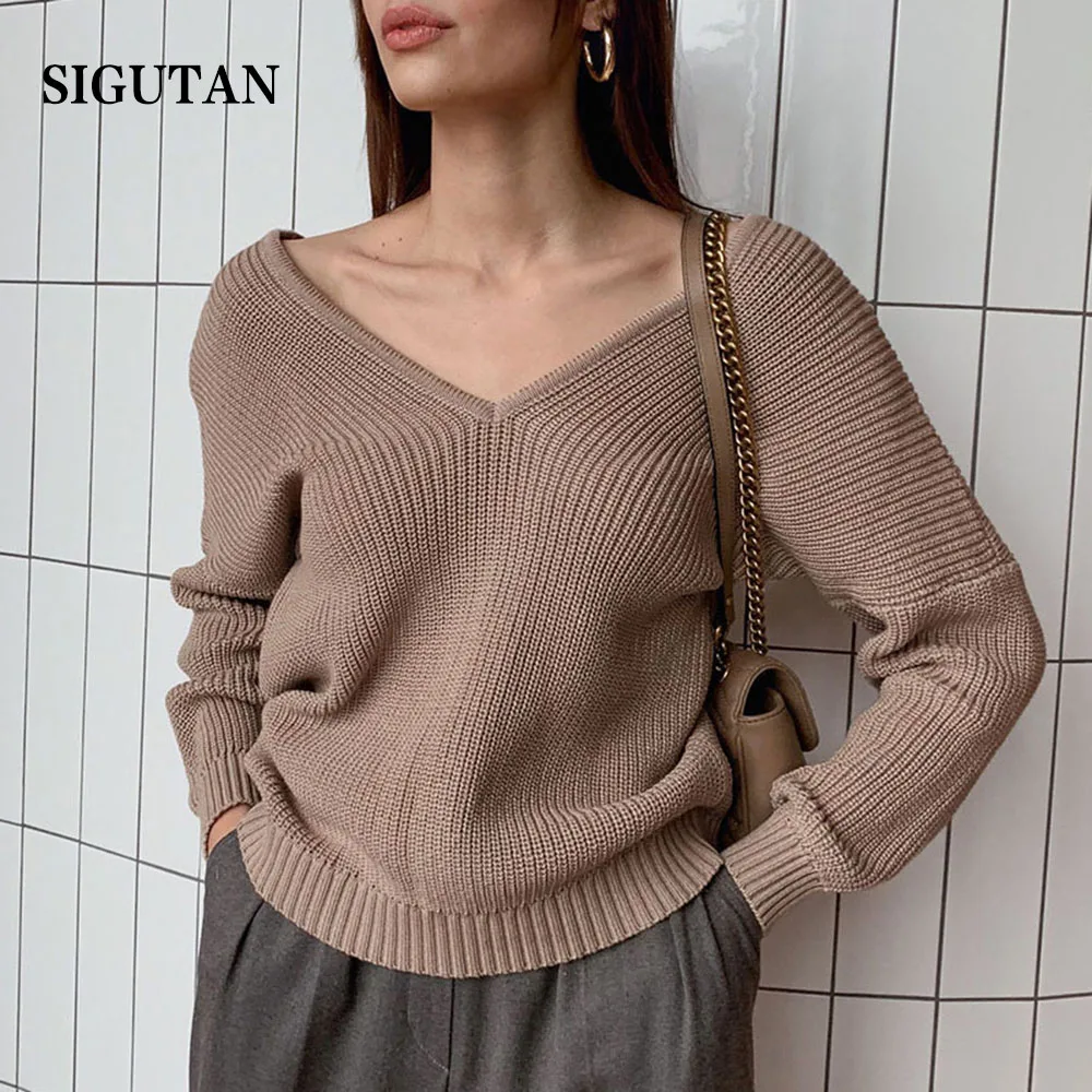 

Women's Oversize Sweater Knitted Autumn Winter V Neck Blue Thick Knit Pullover 2021 Long Sleeve White Warm Sweaters for Women