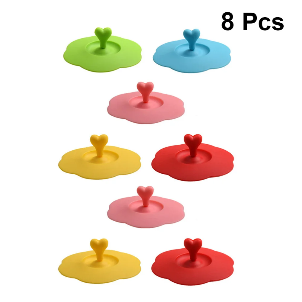 

8pcs Silicone Spill-proof Cup Lid Dust-proof Hot-proof Heart Shape Design for Cup (Random Color)